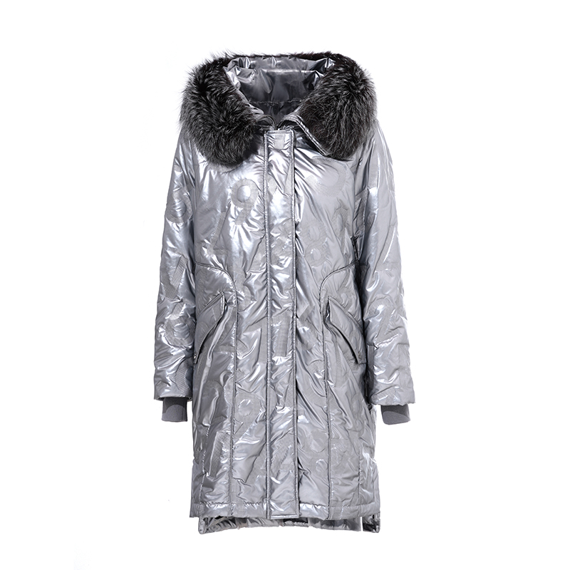 Lange warme jas van metallic stof met letters voor dames